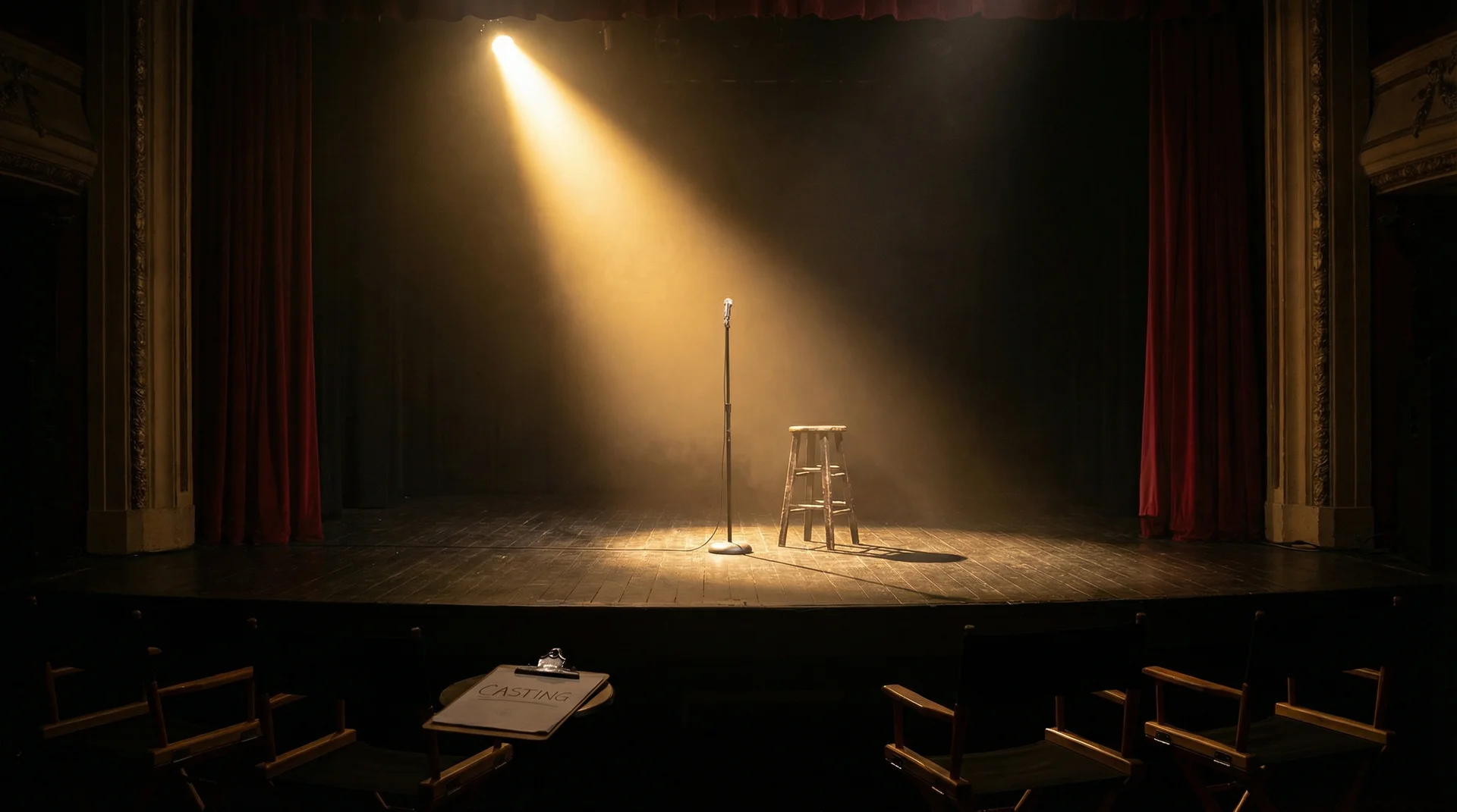 hentaigasm 选角现场，聚光灯下的空舞台等待演员登场